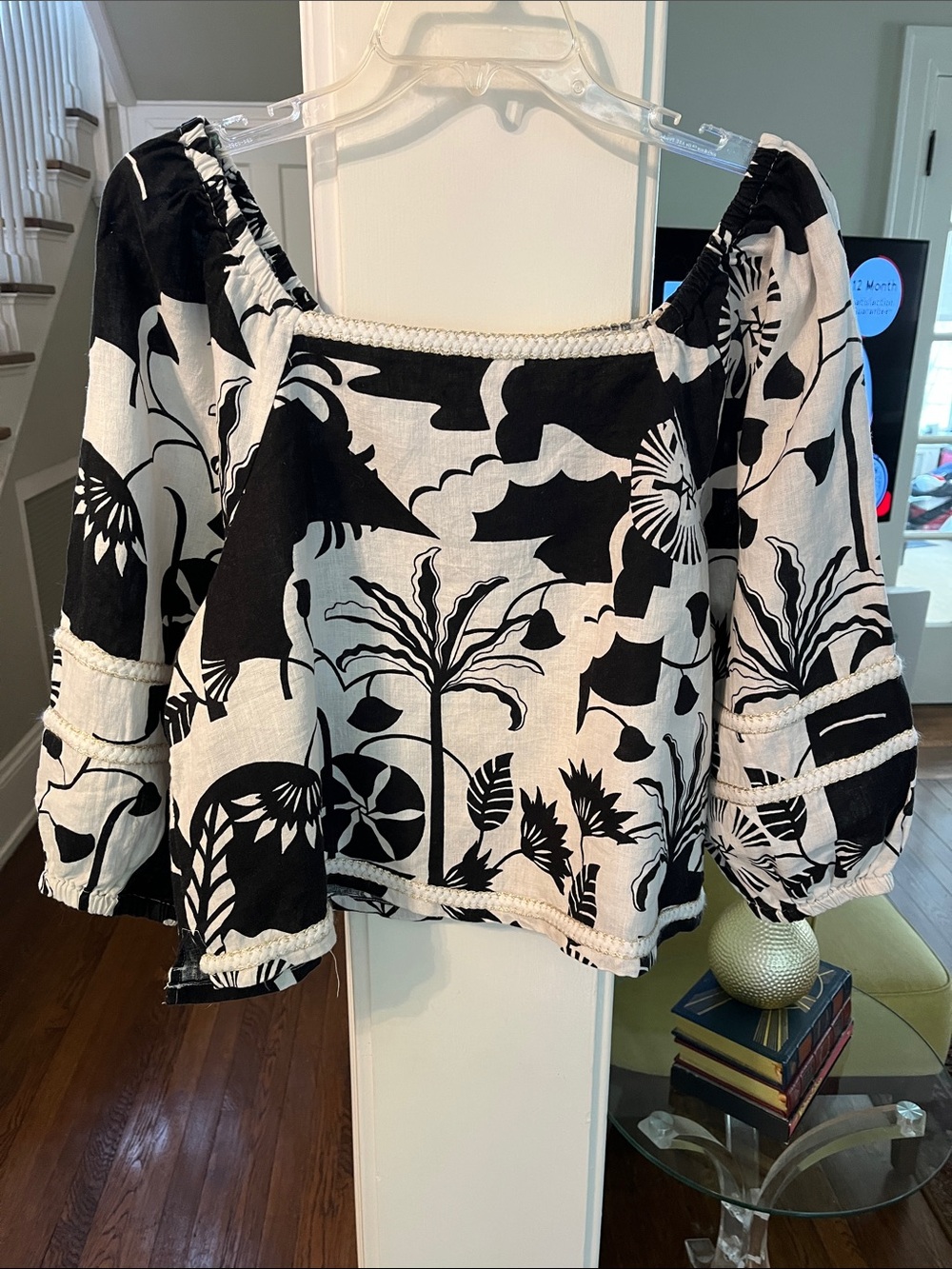 Nicole Miller Black & White Floral Peasant Blouse